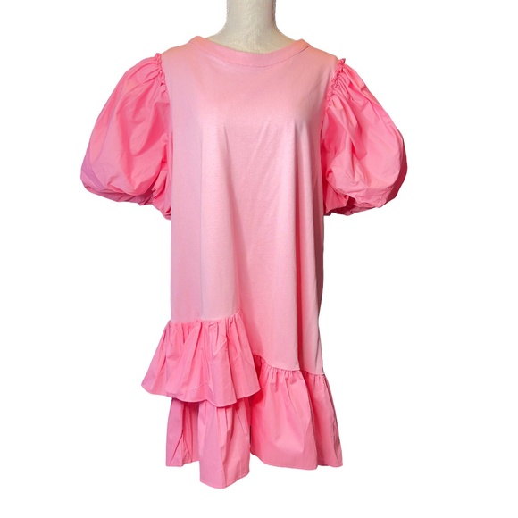 # A229  Nancy Barbiecore   Pink Puff Sleeve Ruffle Hem  Shift Dress  NWT  L - Picture 1 of 6